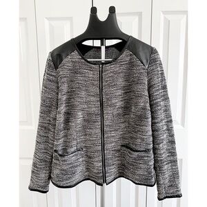 BEVERLY DRIVE Lightweight Casual Boucle Jacket w/ Faux Leather Detail, Zip Front